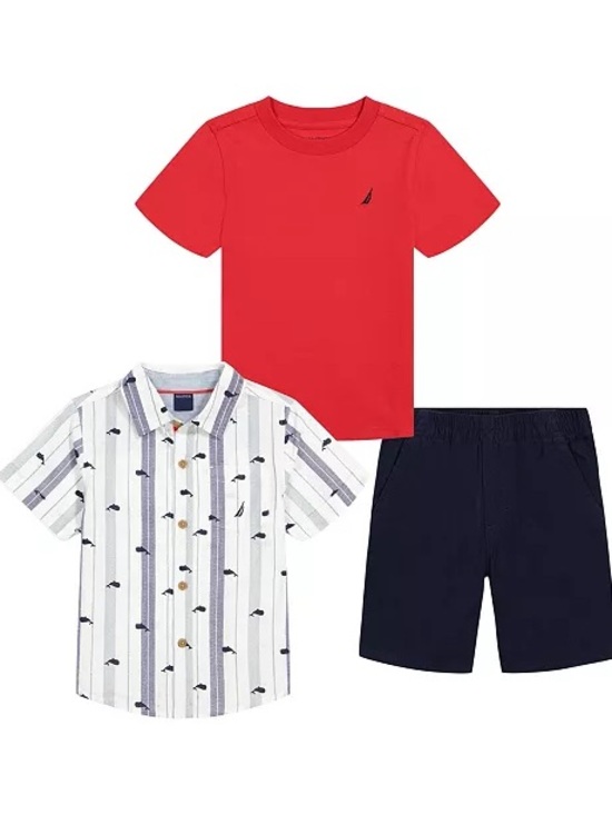 Nautica Other - Nautica 3-Piece Boys Set — Red Tee, Striped Shirt & Navy Shorts 4T